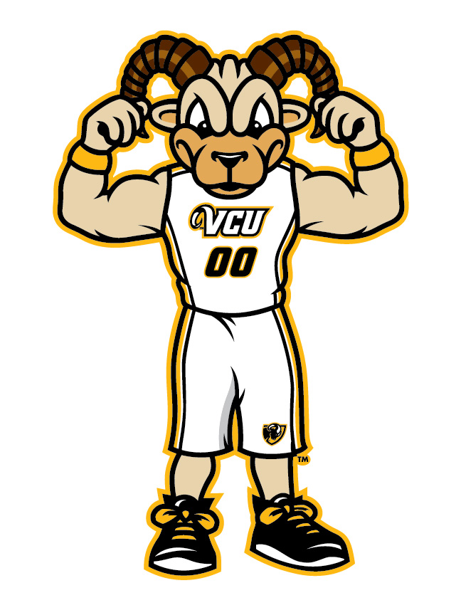 Rodney the Ram in an athletic uniform flexing his muscles