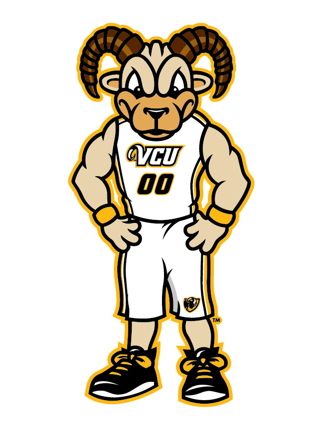 Rodney the Ram in an athletic uniform posing with his hands on hips