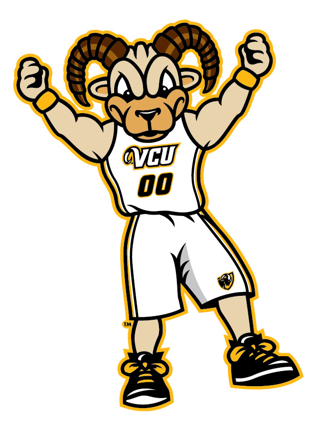 Rodney the Ram in an athletic uniform cheering